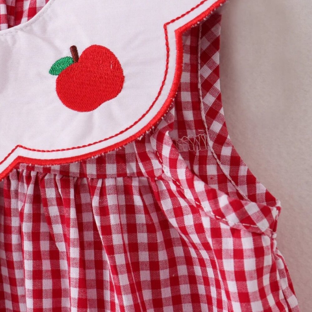 Boutique Back to School Apple Embroidered Red Plaid Dress - Picture 3 of 6